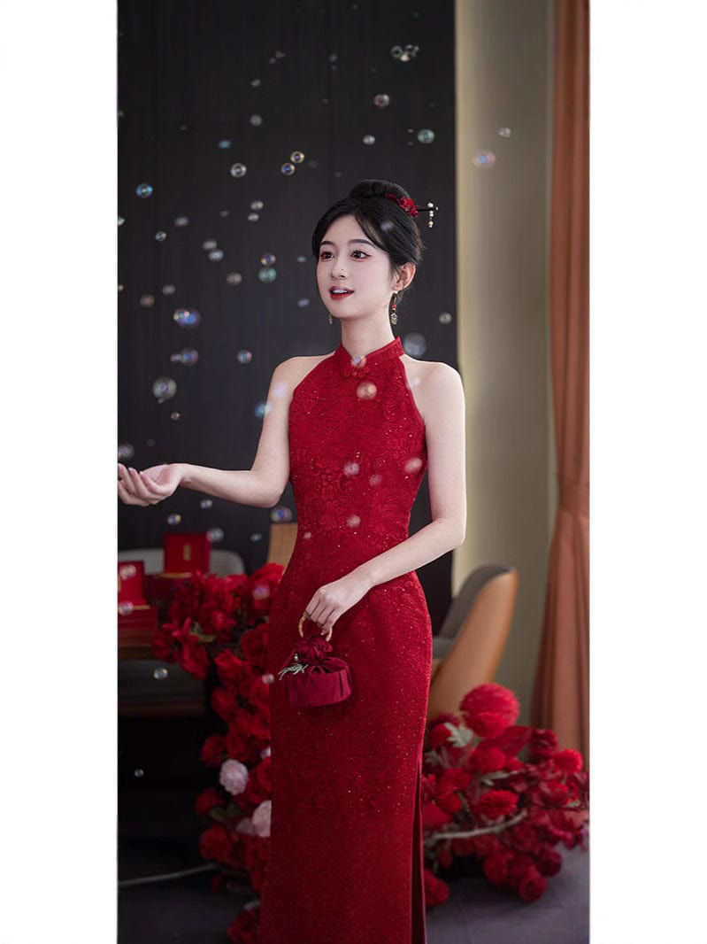 Halter lace mid-length Cheongsam