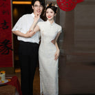 Floral embroidery, wedding white midi Qipao
