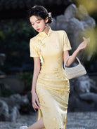 Summer collection, jacquard fabric, yellow midi Cheongsam