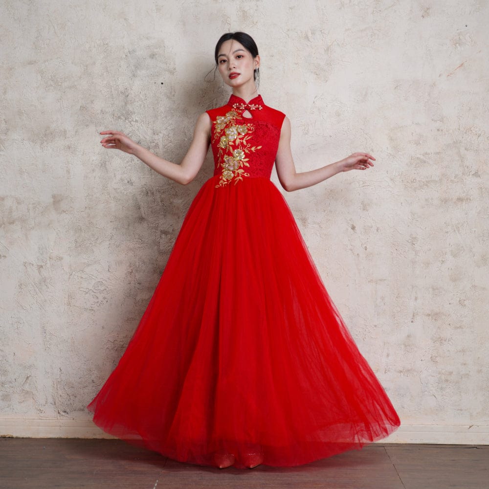 Exclusive Designer collection, Bespoke Floral Embroidery A-Line Cheongsam