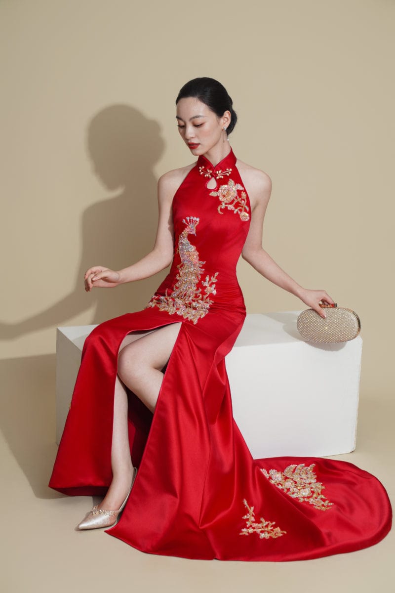 Exclusive designer collection, peacock embroidery, halter fishtail Cheongsam