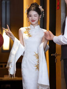 Gold bamboo leaf embroidery, wedding white midi Qipao with shawl