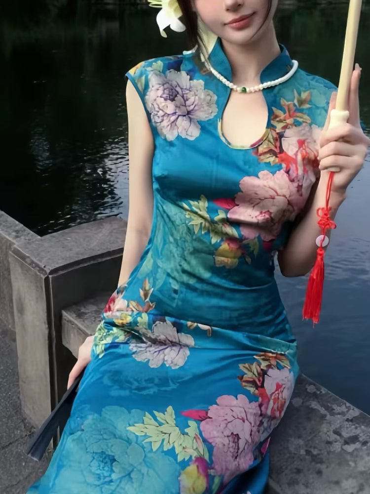 New Chinese style(新中式), Sleeveless, blue long Cheongsam