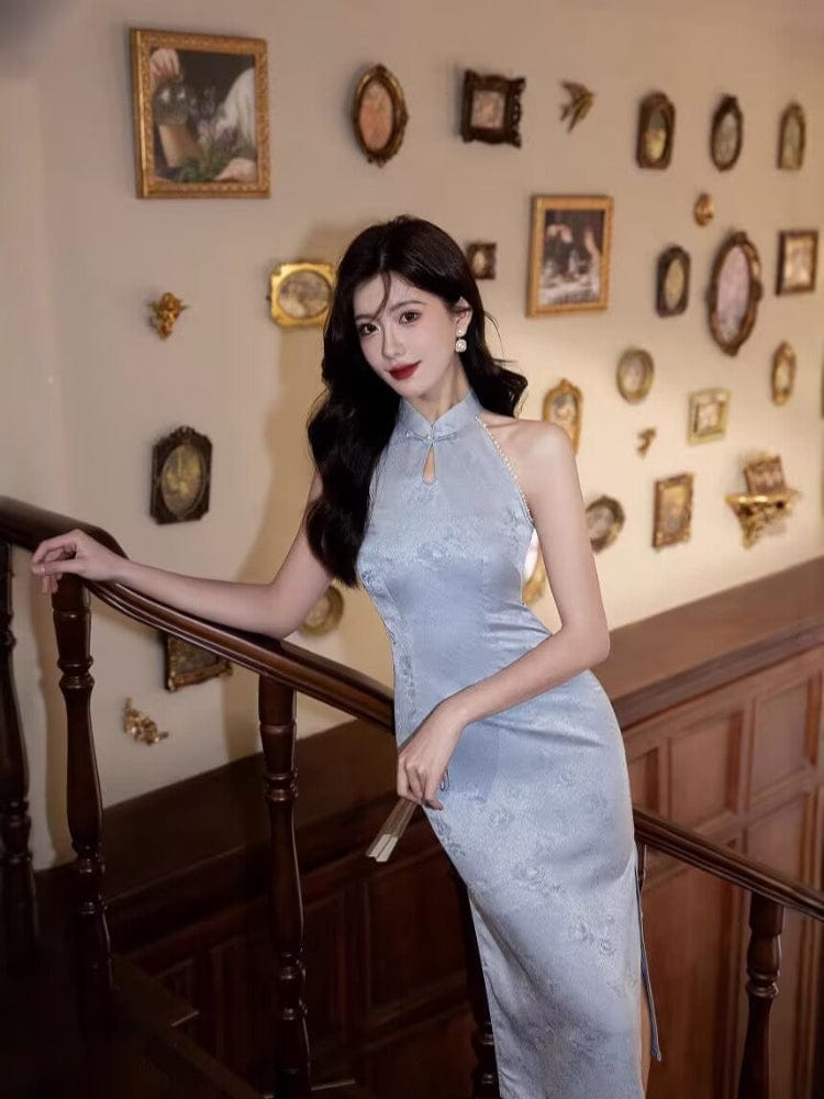 Floral pattern, New Chinese style(新中式), halter midi Cheongsam