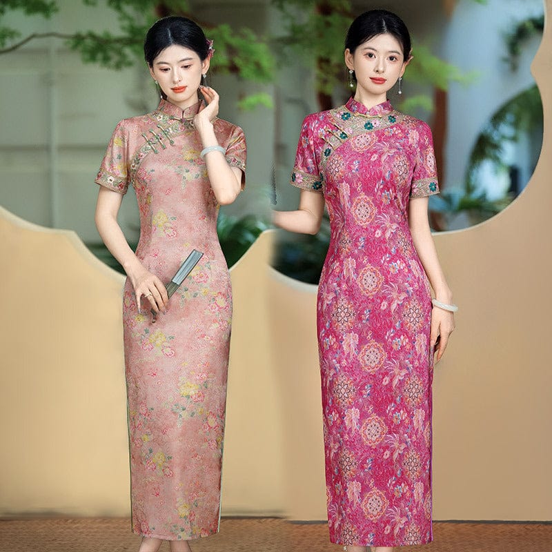 Old Shanghai style, plus size, floral long Cheongsam