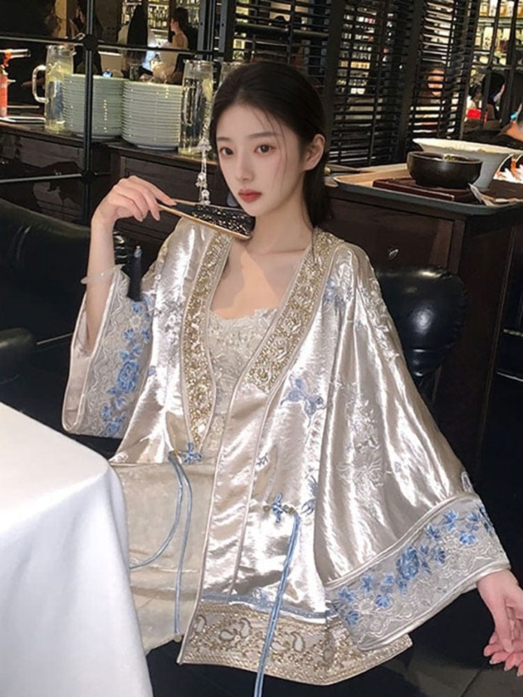 Premium Loose-Fitting Qipao Coat, light blue Qipao Top with flared sleeves