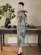 Tencel fabric, grey long Cheongsam