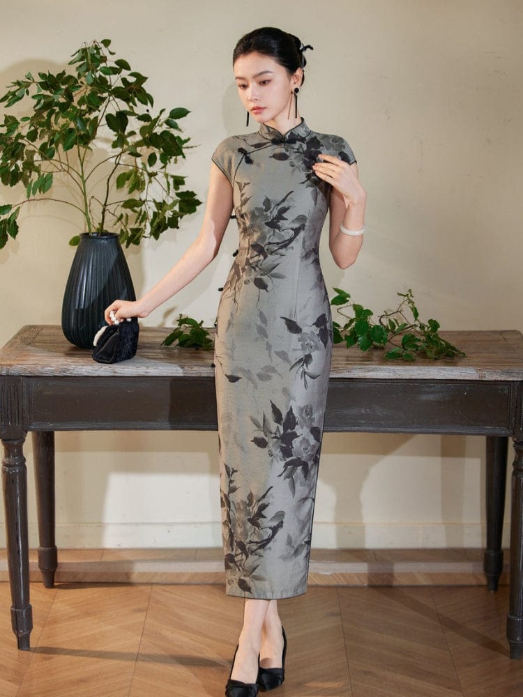 Tencel fabric, grey long Cheongsam
