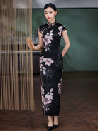 19 mome mulberry silk, floral pattern, high-end black long Cheongsam