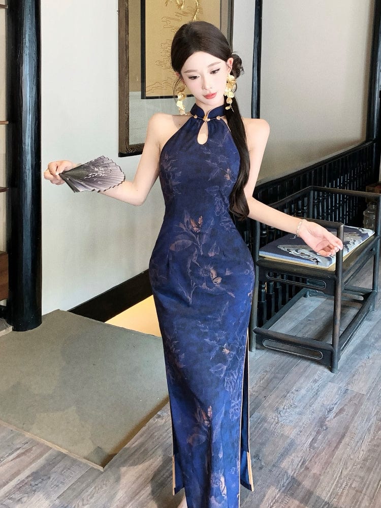 New Chinese style (新中式), floral pattern, blue long Cheongsam