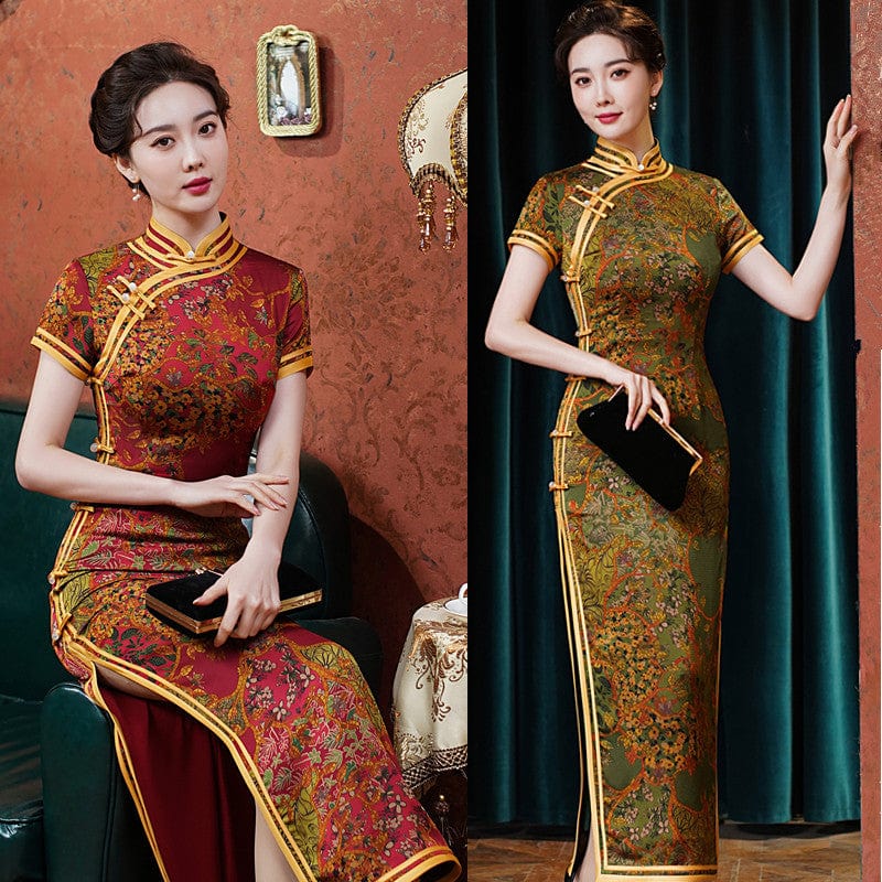 Old Shanghai style, Hua luo satin long Cheongsam