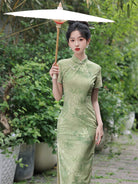 Mesh fabric, bamboo pattern, green midi Cheongsam