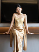 Tube top, New Chinese style (新中式) floor length gold Cheongsam