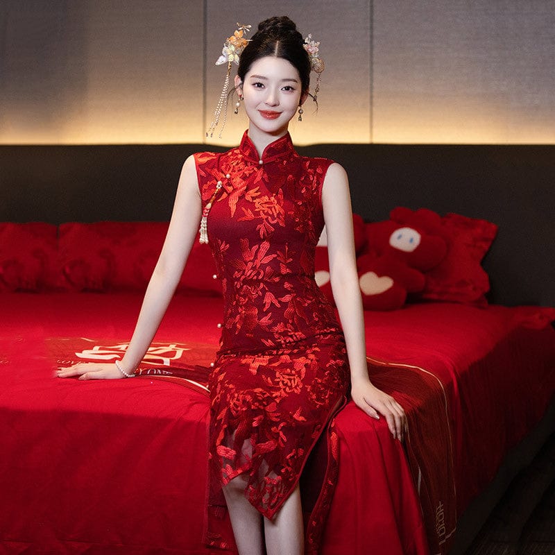 Floral pattern, mesh fabric, wedding midi Cheongsam