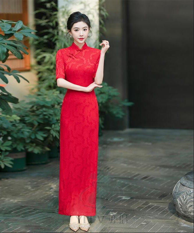 Floral pattern, jacquard and knitting fabric, prom long Cheongsam