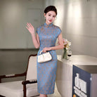 Floral print, blue midi Cheongsam with raglan sleeves