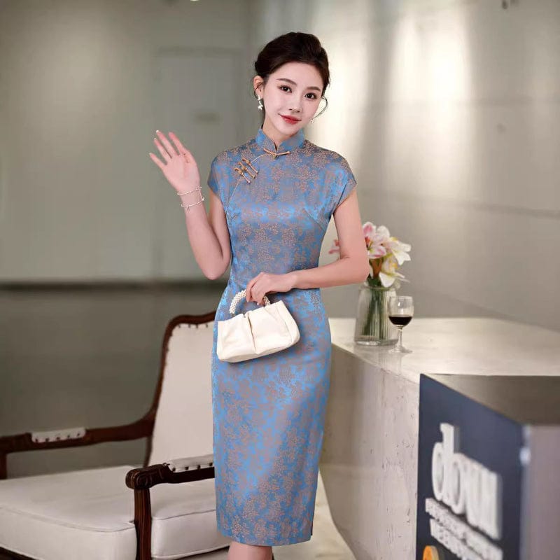 Floral print, blue midi Cheongsam with raglan sleeves