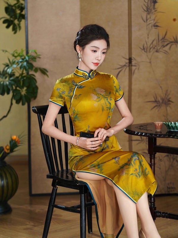 19 mome mulberry silk, high-end, yellow long Cheongsam