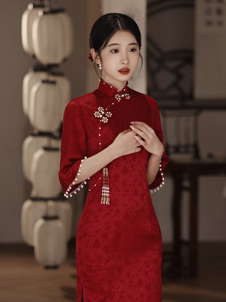 Floral pattern, jacquard fabric, wedding midi Cheongsam