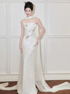 Tube top, New Chinese style (新中式) white floor length Cheongsam