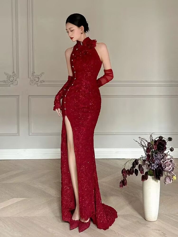 Backless, floral wedding fishtail Cheongsam