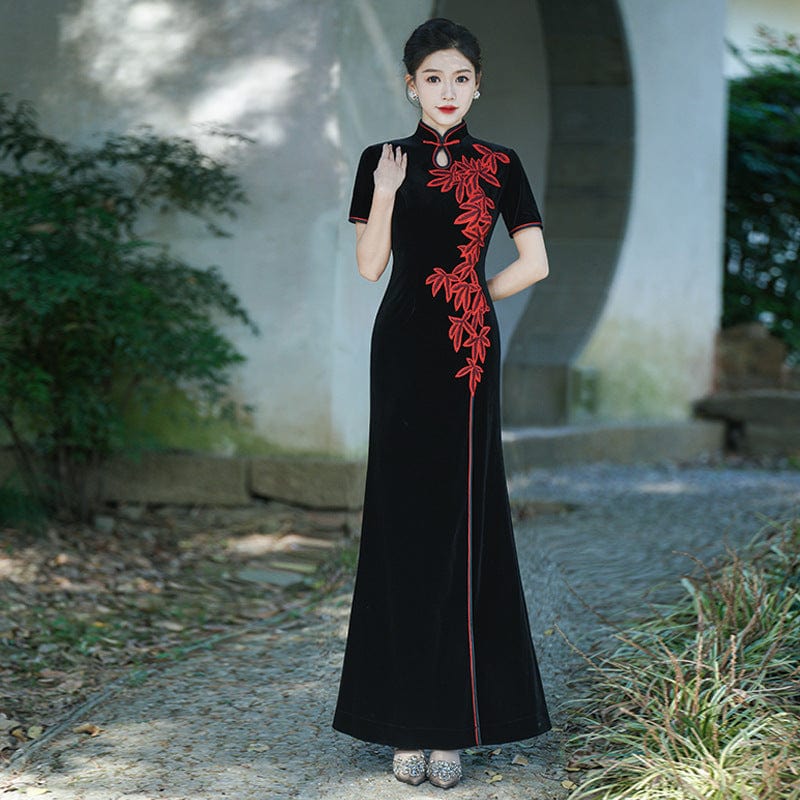 Plus size, leaf embroidery, water-drop collar prom long Qipao
