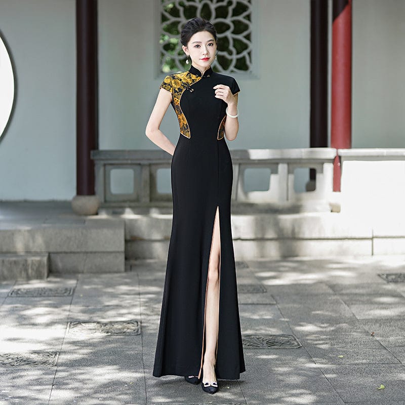 Floral pattern, Chinese prom long Cheongsam with cap sleeves