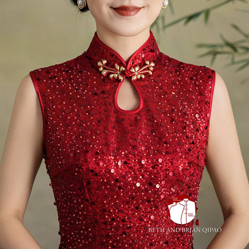 Exclusive designer collection, sequins red long Qipao