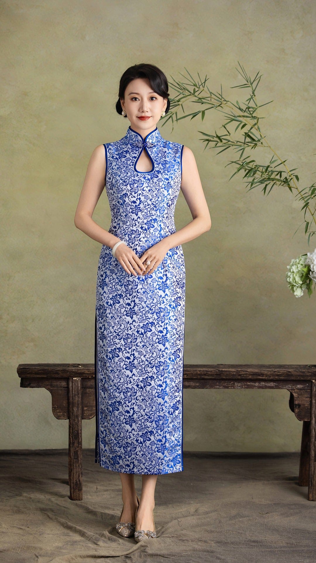 Exclusive designer collection, blue and white porcelain long Qipao