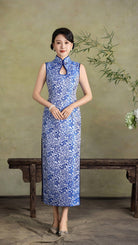 Exclusive designer collection, blue and white porcelain long Qipao