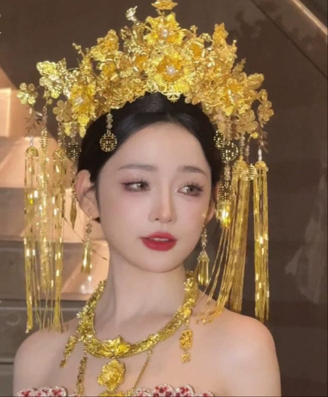 Gold Luxury Floral Quan Gua Crown & Earrings，Traditional Chinese bridal headwear set