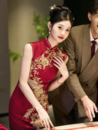 Peacock Embroidery, Wedding red midi Cheongsam