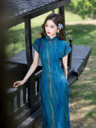 Mesh fabric, daily blue long Cheongsam