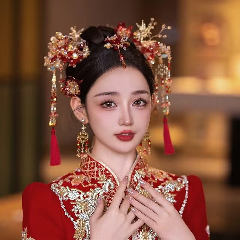 Gold and Red Xiuhe Bridal Hair Accessories, Tassel Chinese bridal hair Accessories Set