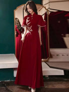 Floral embroidery, butterfly mesh fabric, floor length red Qipao