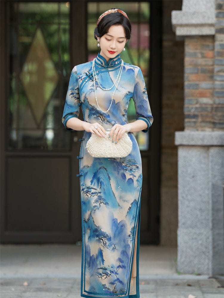 Thousand Miles of Mountains and Rivers pattern, plus size long Cheongsam