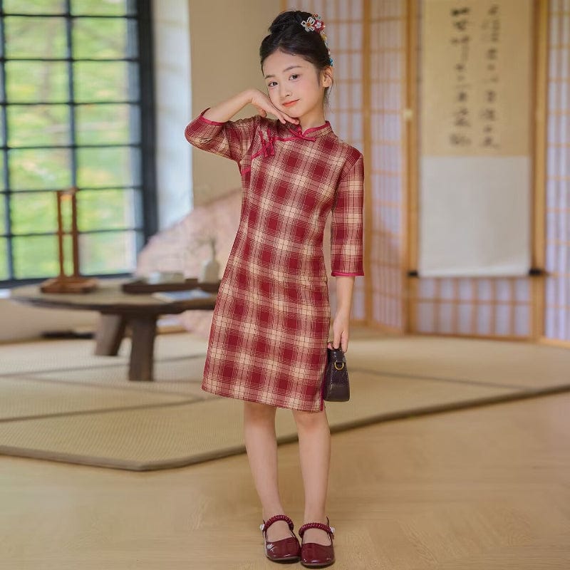 Children Qipao dress, plaid pattern Qipao dress for little girls
