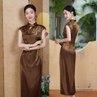 Leaf embroidery, New Chinese style(新中式), satin long Cheongsam