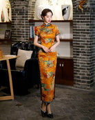 Old Shanghai style, hualuo satin, yellow long Cheongsam