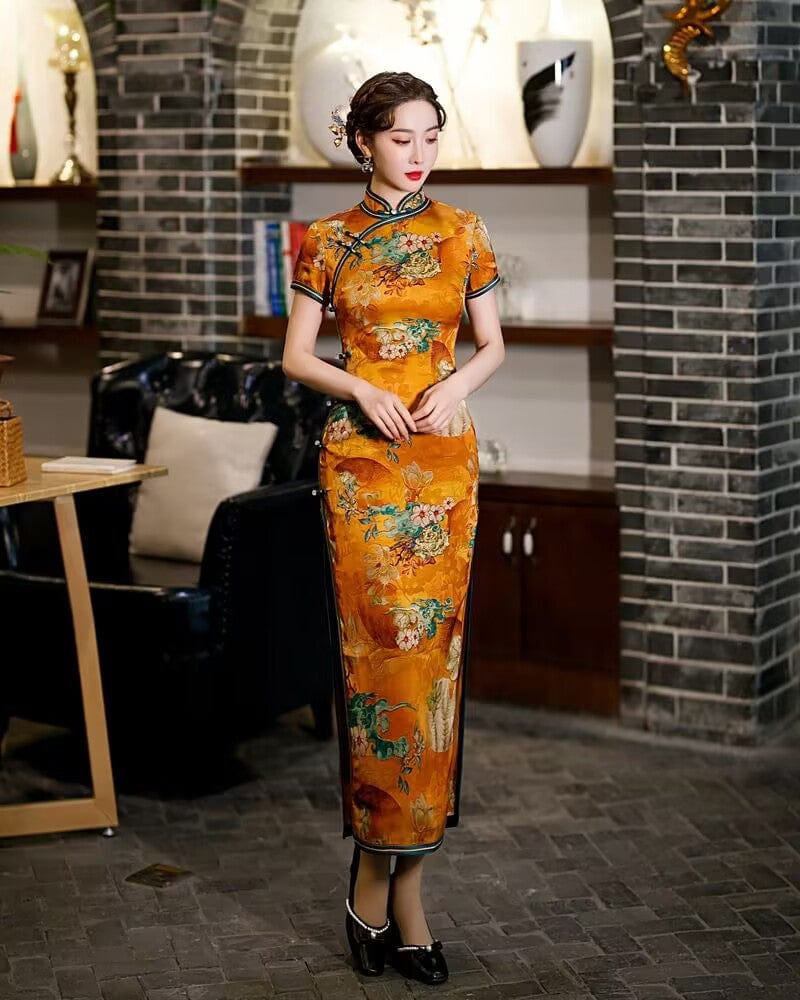 Old Shanghai style, hualuo satin, yellow long Cheongsam