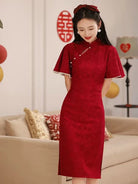 Lotus sleeve, wedding red midi Cheongsam Dress