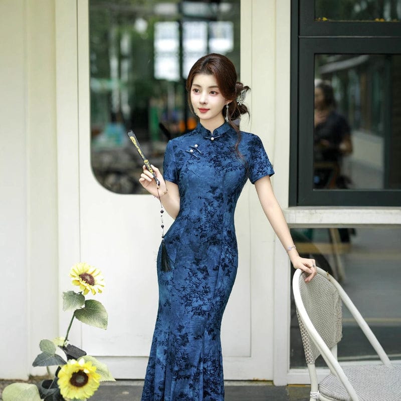 Flocking fabric, floral blue&green midi mermaid Cheongsam