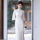 Floral pattern, satin fabric, white long Cheongsam
