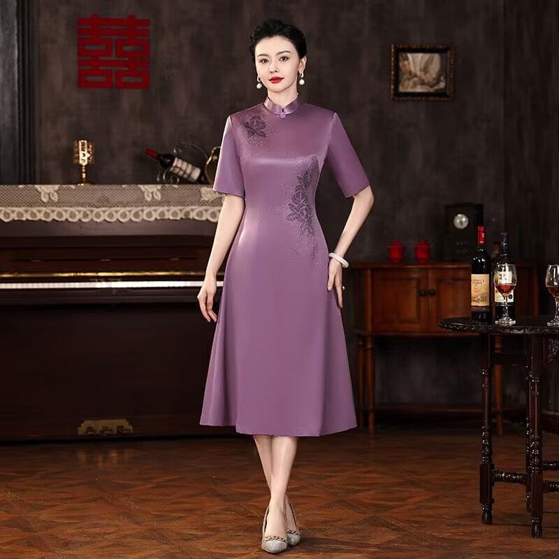 Floral pattern, purple midi A-line Cheongsam