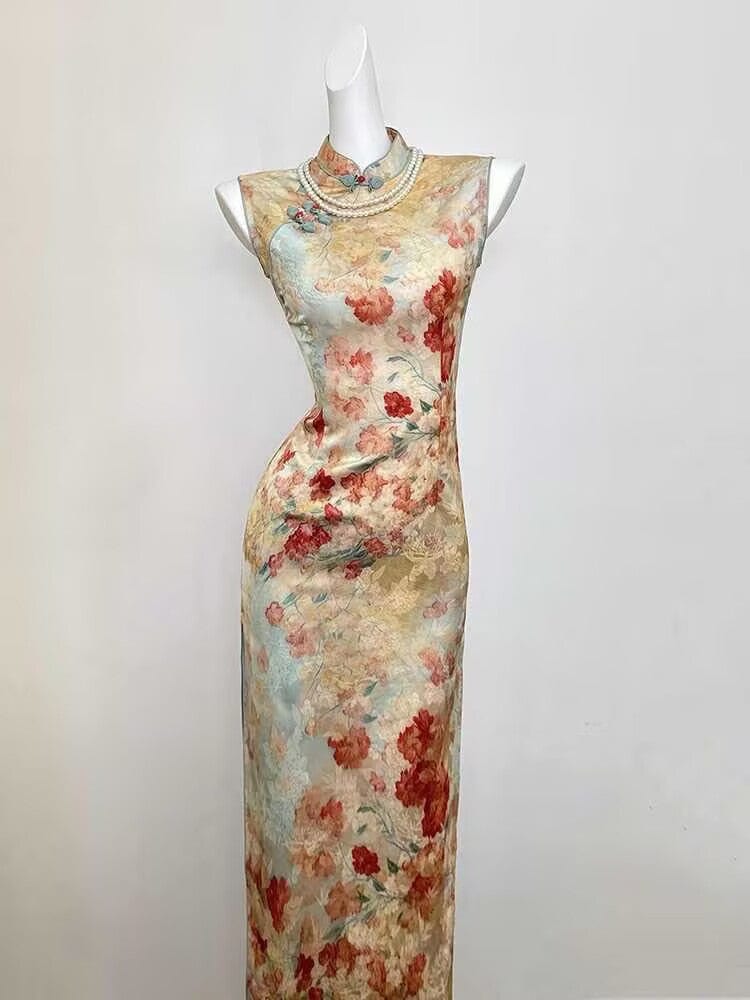 New Chinese style (新中式), floral pattern midi Cheongsam