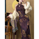 New Chinese style (新中式), floral pattern, purple midi Cheongsam