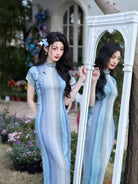 Stripe pattern, silk hemp midi Cheongsam with raglan-sleeve