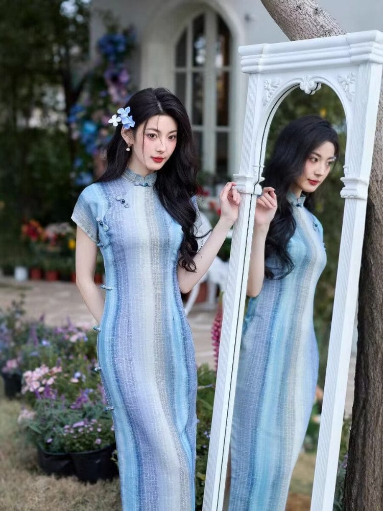 Stripe pattern, silk hemp midi Cheongsam with raglan-sleeve