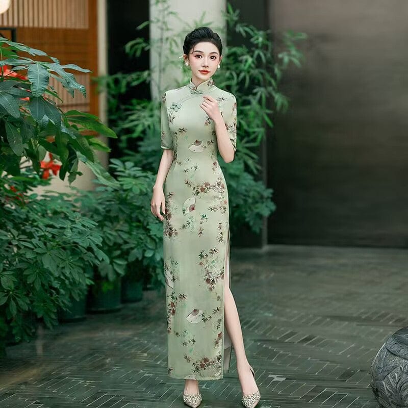 Fan and floral pattern, plus size long Cheongsam