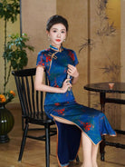 19 mome mulberry silk, high-end blue long Cheongsam